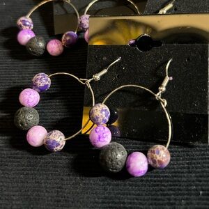Essential Diffuser Hoop Earrings black & pink agate beads and stones Handmade